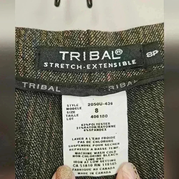 Tribal Stretch Extensible Wide leg Trouser Size 8P Brown w/ Blue & Tan Stripping - Picture 6 of 12